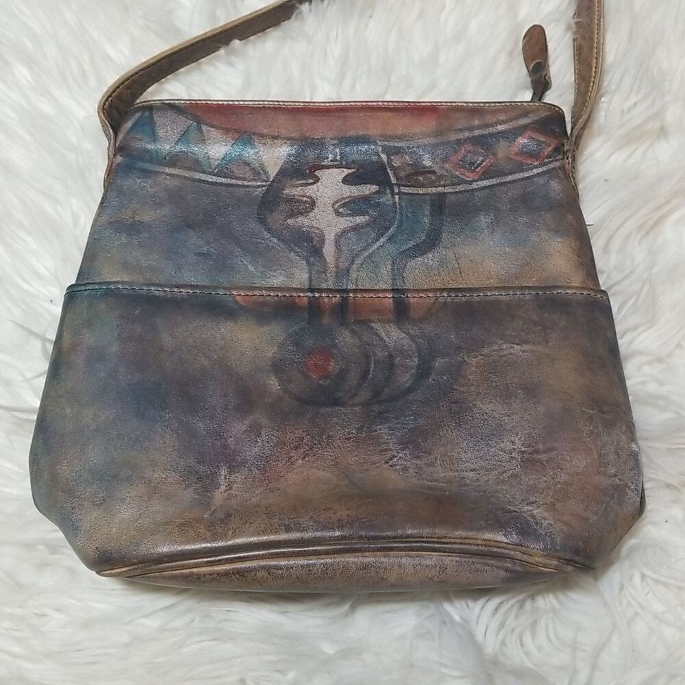 Rare Vintage Jane Yoo Handpainted Wearable Art Leather Crossbody Bag